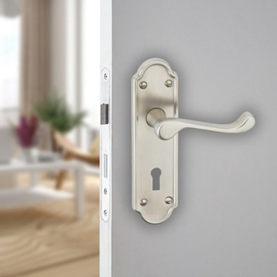 Urbn-Living 174Mm Length Satin Nickel Keyhole Ashworth Metal Lever Latch Door Handles Set Round Rose Internal, External