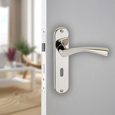 Urbn-Living Urbnliving 184mm Length 2 Pcs Lyon Metal & Polished Nickel Lever Latch Door Keyhole Handles Set