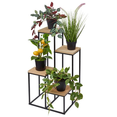 Urbn-Living Urbnliving 67Cm Height Tall Black Metal & Wood Flower Plant Pot Display Stand 4 Tier Indoor Shelf Rack from B&Q