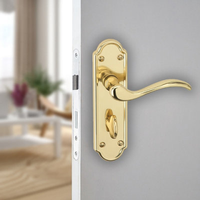 B&Q -  Urbnliving 170mm Length 2 Pcs Lisbon Metal & Polished Brass Lever Latch Bathroom Door Handles Set