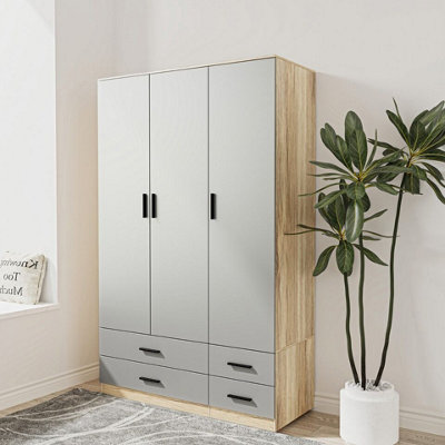 B&Q -  Urbnliving 180Cm Height Grey 3 Door 4 Drawer Wardrobe Storage Shelf Modern Bedroom Oak Furniture