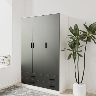 B&Q -  Urbnliving 180Cm Height Black 3 Door 4 Drawer Wardrobe Storage Shelf Modern Bedroom White Furniture