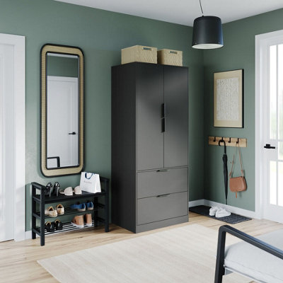 Urbn-Living Urbnliving 179Cm Height 2 Door 2 Drawer Minimalist Bedroom Black Wardrobe Storage & Hanging Rail from B&Q