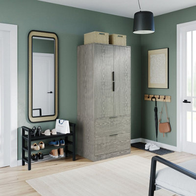 Urbn-Living Urbnliving 179Cm Height 2 Door 2 Drawer Minimalist Bedroom Cedar Grey Wardrobe Storage & Hanging Rail from B&Q