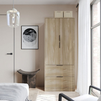 Urbn-Living Urbnliving 179Cm Height 2 Door 2 Drawer Minimalist Bedroom Oak Wardrobe Storage & Hanging Rail from B&Q