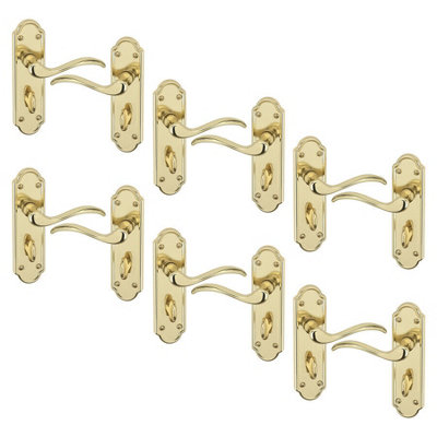 B&Q -  Urbnliving 170mm Length 12 Pcs Lisbon Metal & Polished Brass Latch Door Bathroom Handles Set