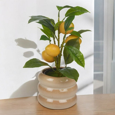 Urbn-Living Urbnliving 39Cm Height Artificial Citrus Lemon Fruit Tree & Ceramic Tube Design Beige Gloss Flower Pot from B&Q