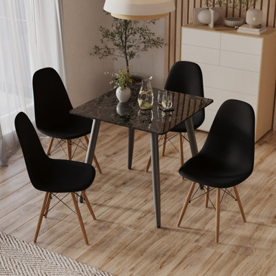Urbn-Living Urbnliving 80Cm Width 5 Pcs Ceramic Square Crimea Shinny Table With Black Chairs Set from B&Q