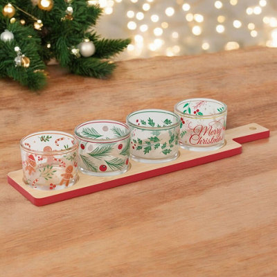 B&Q -  Urbnchef 37Cm Width 5 Pcs Decorative Christmas Serving Set Bamboo Tray Festive Glass Serving Gift