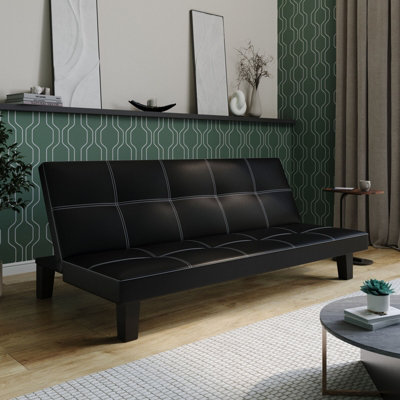 Urbn-Living 3 Seater -Pvc Folding Sofa Bed Upholstered Couch Futon Settee Love Seat Wooden Legs Black