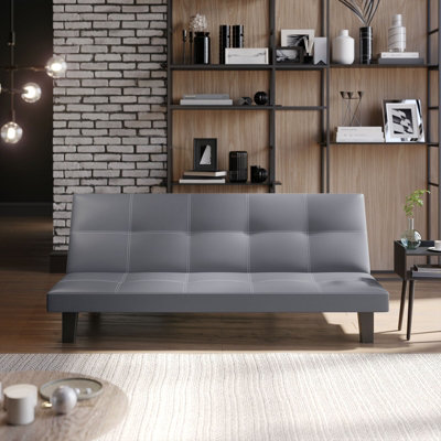 Urbn-Living 3 Seater -Pvc Folding Sofa Bed Upholstered Couch Futon Settee Love Seat Wooden Legs Grey
