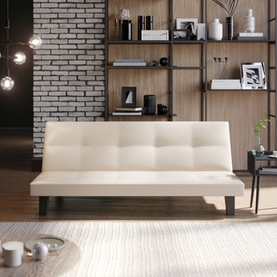 Urbn-Living 3 Seater -Pvc Folding Sofa Bed Upholstered Couch Futon Settee Love Seat Wooden Legs Cream