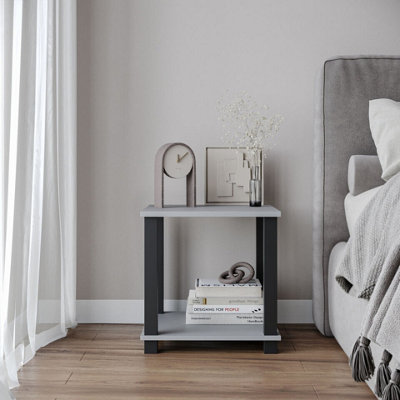 Urbn-Living Urbnliving 40Cm Height Grey 2 Tier S-Tube End Table Small Wood Bedside Nightstand With Black Legs Storage Shelf from B&Q