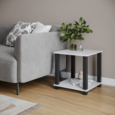 Urbn-Living Urbnliving 40Cm Height White 2 Tier S-Tube End Table Small Wood Bedside Nightstand With Black Legs Storage Shelf from B&Q