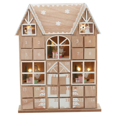 Urbn-Living Urbnliving 37Cm Height Brown & White Wooden House Advent Calendar Christmas Xmas Santa Led Lights 24 Drawer Countdown from B&Q