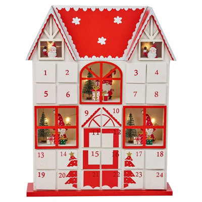 Urbn-Living Urbnliving 37Cm Height Red & White Wooden House Advent Calendar Christmas Xmas Santa Led Lights 24 Drawer Countdown from B&Q