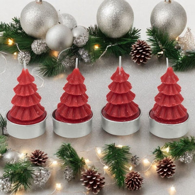 Urbn-Living 7Cm Height 4 Pcs Christmas Tree Shaped Tea Candles Festive Holiday Decor Xmas Tea Red/Light