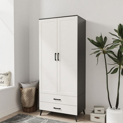 B&Q -  Urbnliving 180Cm Height Black Wardrobe With White 2 Door 2 Drawer Modern Bedroom Clothes Storage Hanging Rail