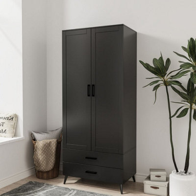 B&Q -  Urbnliving 180Cm Height Black Wardrobe With 2 Door 2 Drawer Modern Bedroom Clothes Storage Hanging Rail