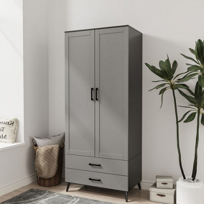 B&Q -  Urbnliving 180Cm Height Black Wardrobe With Grey 2 Door 2 Drawer Modern Bedroom Clothes Storage Hanging Rail