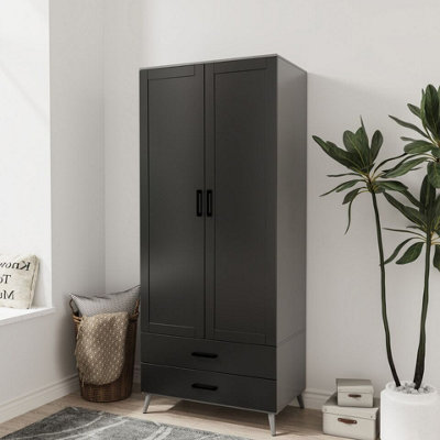 B&Q -  Urbnliving 180Cm Height Grey Wardrobe With Black 2 Door 2 Drawer Modern Bedroom Clothes Storage Hanging Rail