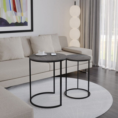 Urbn-Living Urbnliving 60Cm Height Black Marble Wood Top With Black Metal Legs Round Nesting Stackable Sofa Side Bedside End Table Set Of 2 from B&Q