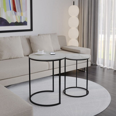 Urbn-Living Urbnliving 60Cm Height White Marble Wood Top With Black Metal Legs Round Nesting Stackable Sofa Side Bedside End Table Set Of 2 from B&Q