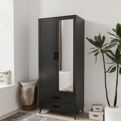 Urbn-Living Urbnliving 180Cm Height Black Wardrobe With Mirror 2 Door 2 Drawer Bedroom Clothes Storage Hanging Rail from B&Q