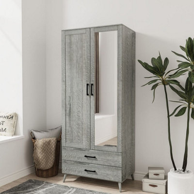 Urbn-Living Urbnliving 180Cm Height Ash Grey Wardrobe With Mirror 2 Door 2 Drawer Bedroom Clothes Storage Hanging Rail from B&Q