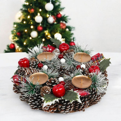 Urbn-Living Urbnliving 27Cm Width Christmas Wreath Candle Holder Centrepiece Arrangement Pinecones Berries Decor from B&Q