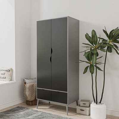 Urbn-Living Urbnliving 180Cm Height Grey Wardrobe With Black 2 Door 2 Drawer Scandi Legs Cupboard Hanging Rail Unit from B&Q