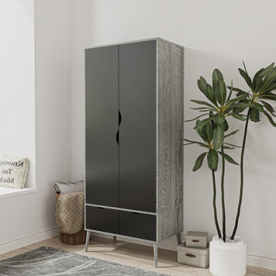 Urbn-Living Urbnliving 180Cm Height Ash Grey Wardrobe With Black 2 Door 2 Drawer Scandi Legs Cupboard Hanging Rail Unit from B&Q