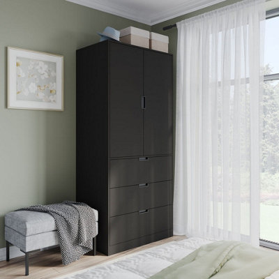 Urbn-Living Urbnliving 180Cm Height Black Wardrobe With 2 Door 3 Drawer Storage And Modern Hanging Rail Furniture from B&Q