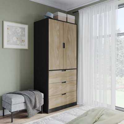 B&Q -  Urbnliving 180Cm Height Black Wardrobe With Oak 2 Door 3 Drawer Storage And Modern Hanging Rail Furniture