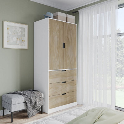 B&Q -  Urbnliving 180Cm Height White Wardrobe With Oak 2 Door 3 Drawer Storage And Modern Hanging Rail Furniture