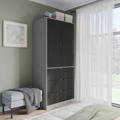 B&Q -  Urbnliving 180Cm Height Grey Wardrobe With Black 2 Door 3 Drawer Storage And Modern Hanging Rail Furniture