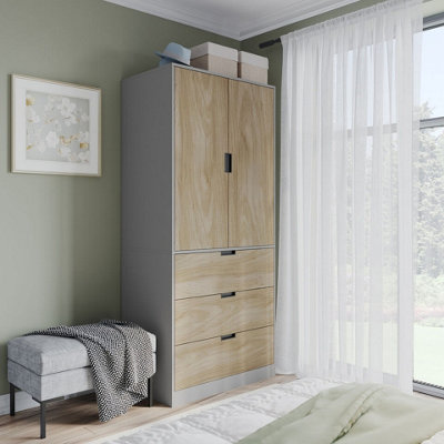 B&Q -  Urbnliving 180Cm Height Grey Wardrobe With Oak 2 Door 3 Drawer Storage And Modern Hanging Rail Furniture