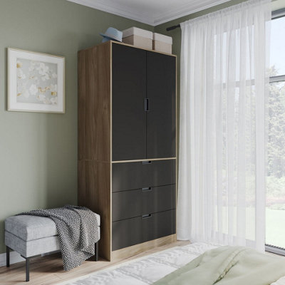 Urbn-Living 180Cm Height Oak Wardrobe With 2 Door 3 Drawer Storage And Modern Hanging Rail Furniture Black