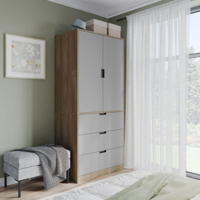 Urbn-Living Grey Height Oak Wardrobe With 2 Door 3 Drawer Storage And Modern Hanging Rail Furniture 180Cm