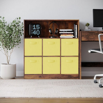 Urbn-Living Urbnliving 94Cm Height 7 Cubed Rustic Brown Wooden Cupboard Bookcase Storage Units Shelves With Yellow 6 Drawers from B&Q