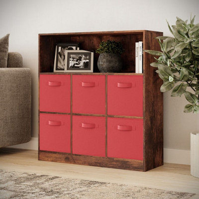 Urbn-Living Urbnliving 94Cm Height 7 Cubed Rustic Brown Wooden Cupboard Bookcase Storage Units Shelves With Red 6 Drawers from B&Q