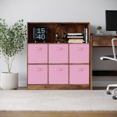 Urbn-Living Urbnliving 94Cm Height 7 Cubed Rustic Brown Wooden Cupboard Bookcase Storage Units Shelves With Light Pink 6 Drawers from B&Q