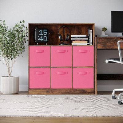 Urbn-Living Urbnliving 94Cm Height 7 Cubed Rustic Brown Wooden Cupboard Bookcase Storage Units Shelves With Dark Pink 6 Drawers from B&Q
