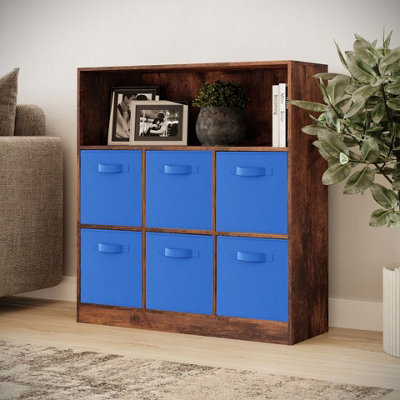 Urbn-Living Urbnliving 94Cm Height 7 Cubed Rustic Brown Wooden Cupboard Bookcase Storage Units Shelves With Dark Blue 6 Drawers from B&Q