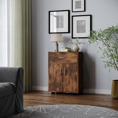 B&Q -  Urbnliving 80Cm Height Small 2 Door 1 Drawer Hallway Living Room Sideboard Rustic Brown Wooden Storage Cabinet Unit