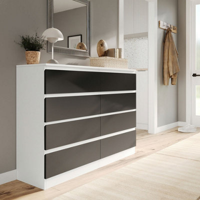 Urbn-Living White/Black Wide Wooden Chest Of 8 Drawers Bedroom Furniture Storage Bedside Modern Cabinet 120Cm