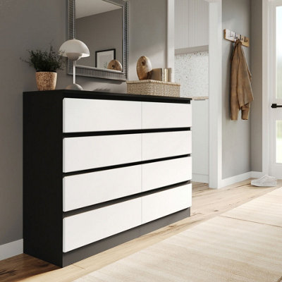 B&Q -  Urbnliving 120Cm Wide Black Wooden Chest Of White 8 Drawers Bedroom Furniture Storage Bedside Modern Cabinet