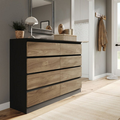 B&Q -  Urbnliving 120Cm Wide Black Wooden Chest Of Oak 8 Drawers Bedroom Furniture Storage Bedside Modern Cabinet
