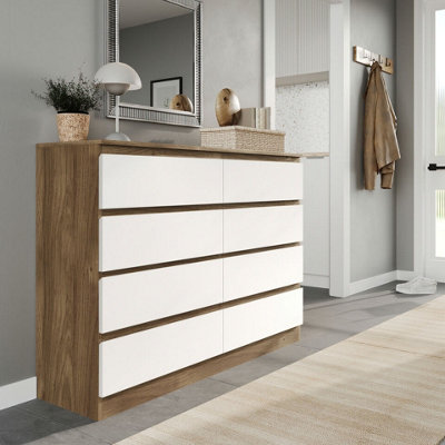 B&Q -  Urbnliving 120Cm Wide Oak Wooden Chest Of White 8 Drawers Bedroom Furniture Storage Bedside Modern Cabinet