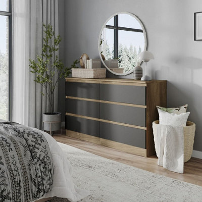 B&Q -  Urbnliving 120Cm Width Oak Wooden Chest Of Black 6 Drawers Bedroom Furniture Storage Bedside Table Modern Cabinet